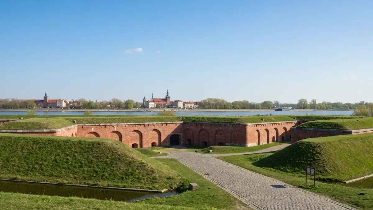 Ceglany fort pruski w Toruniu z wałami ziemnymi i fosą na tle nadwiślańskiego krajobrazu