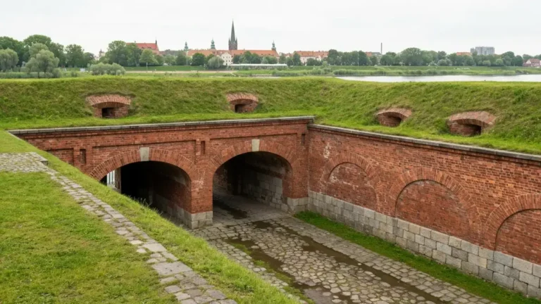 Ceglany fort Twierdzy Torun z ziemnymi walami i sciezka zwiedzania