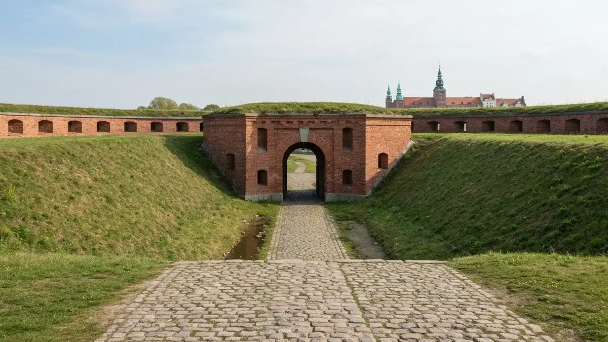 Ceglany fort Twierdzy Toruń z wałami ziemnymi i ścieżką w świetle dnia