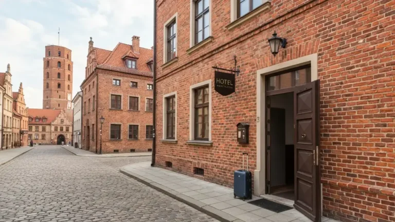 Wejście do hotelu w ceglanej kamienicy na Starym Mieście w Toruniu