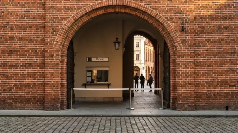 Poranny widok wejscia do muzeum na gotyckiej starowce Torunia bez kolejek