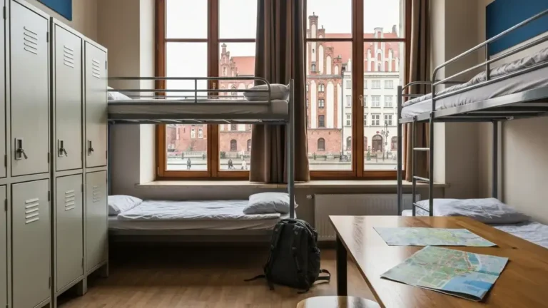 Pokoj hostelowy z lozkami pietrowymi i widokiem na ceglana zabudowe Starego Miasta w Toruniu