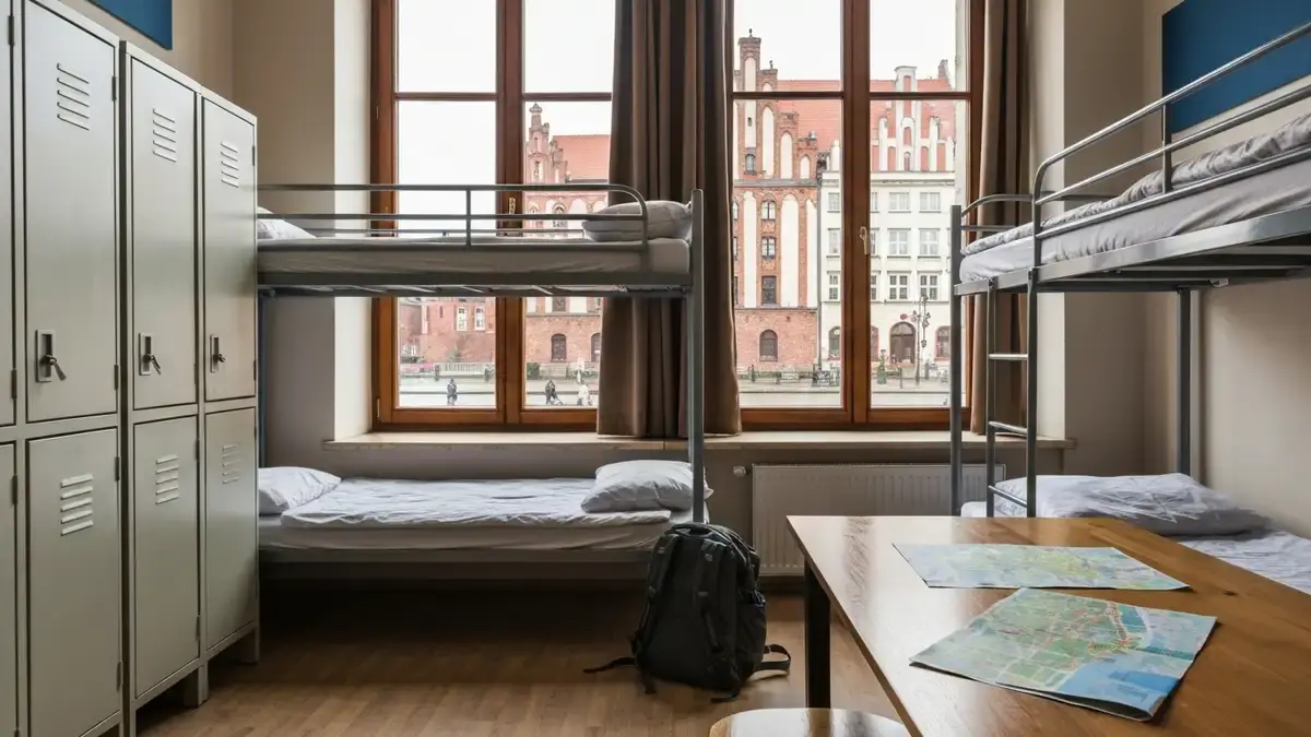 Pokoj hostelowy z lozkami pietrowymi i widokiem na ceglana zabudowe Starego Miasta w Toruniu