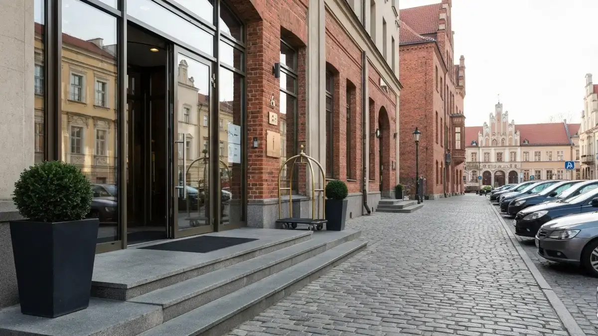 Wejście do eleganckiego hotelu przy brukowanej ulicy w toruńskiej starówce