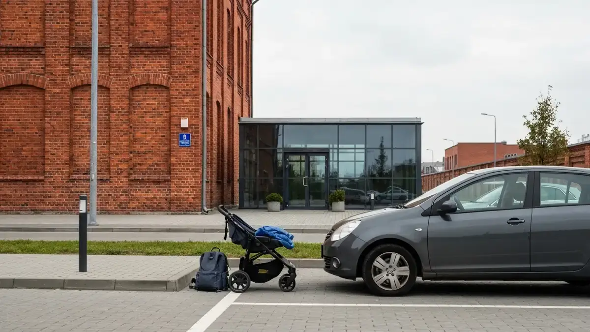 Parking przy Mlynie Wiedzy w Toruniu z autem, wozkiem i ceglanym budynkiem w tle