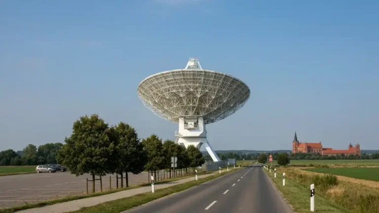 Radioteleskop w Piwnicach pod Toruniem przy drodze dojazdowej w dziennym świetle